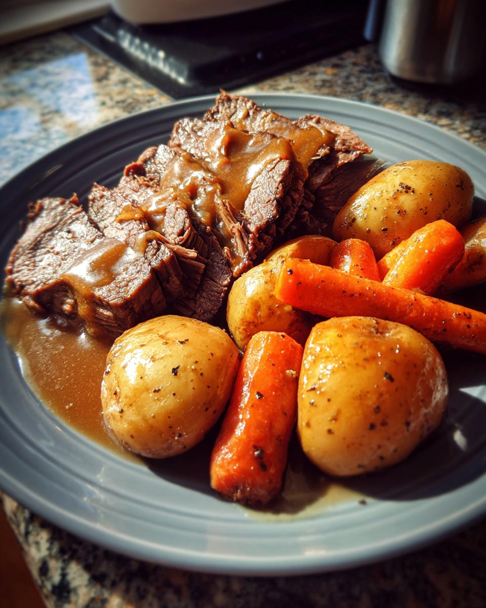 A plate of tender slow cooker pot roast, sliced and drizzled with gravy, served with whole potatoes and carrots.