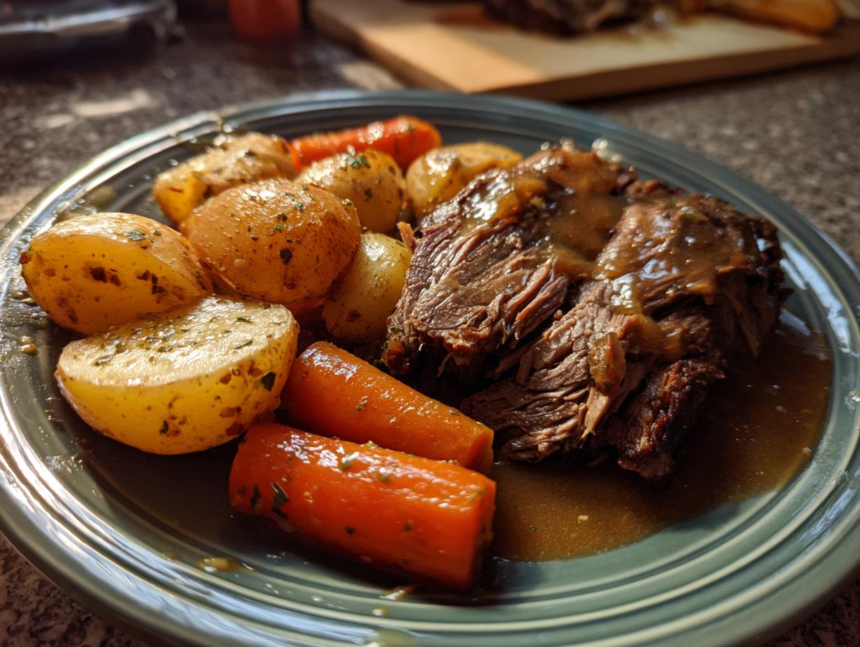 A close-up of a fork-tender slow cooker pot roast served with roasted potatoes and carrots in gravy.