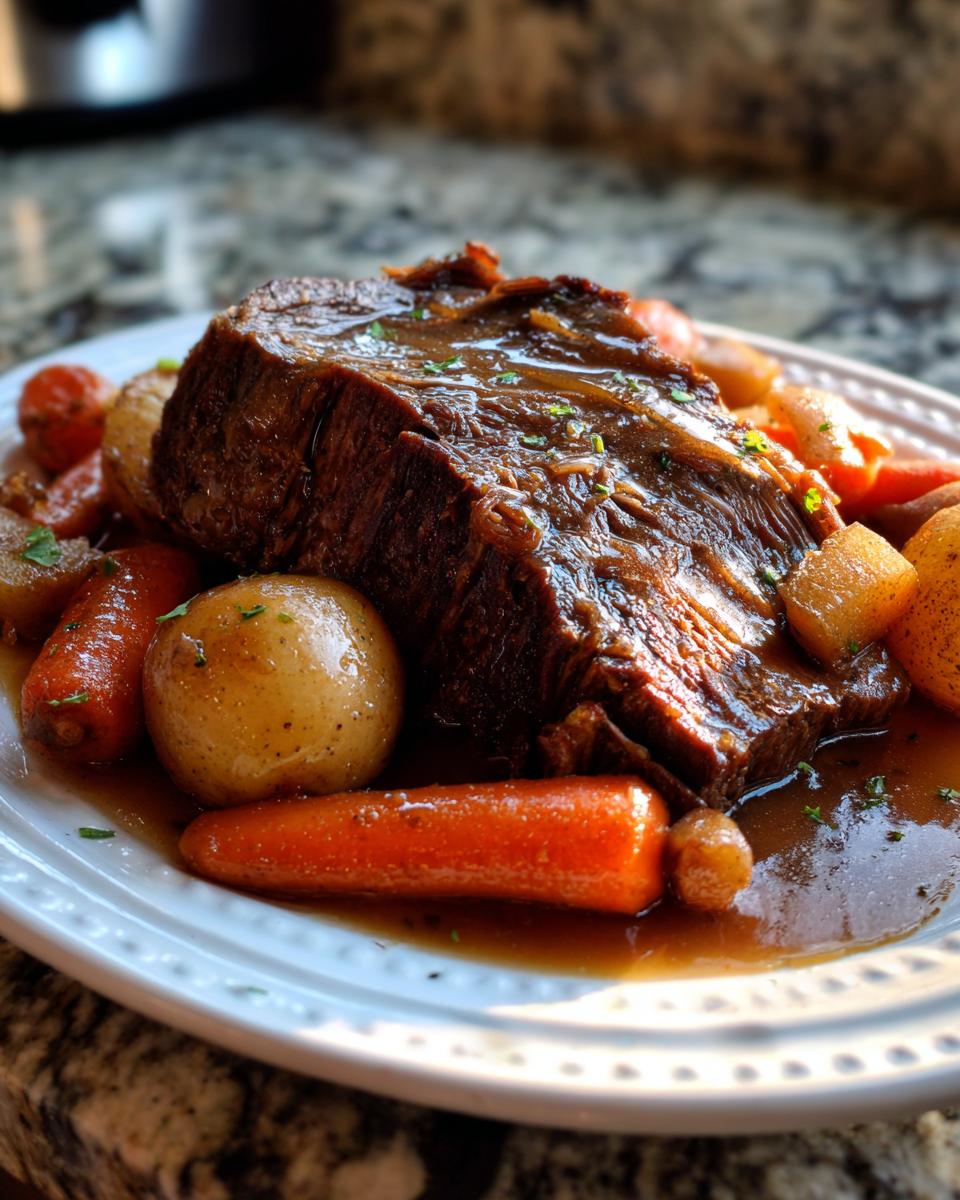 A fork-tender slow cooker pot roast served with baby carrots and potatoes in a rich gravy.