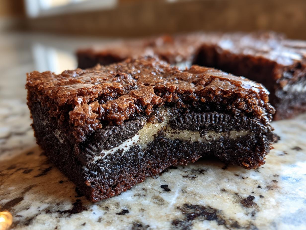 A close-up view of a decadent Slutty brownie, showcasing its three distinct layers: chocolate chip cookie, Oreo cookies, and rich brownie.