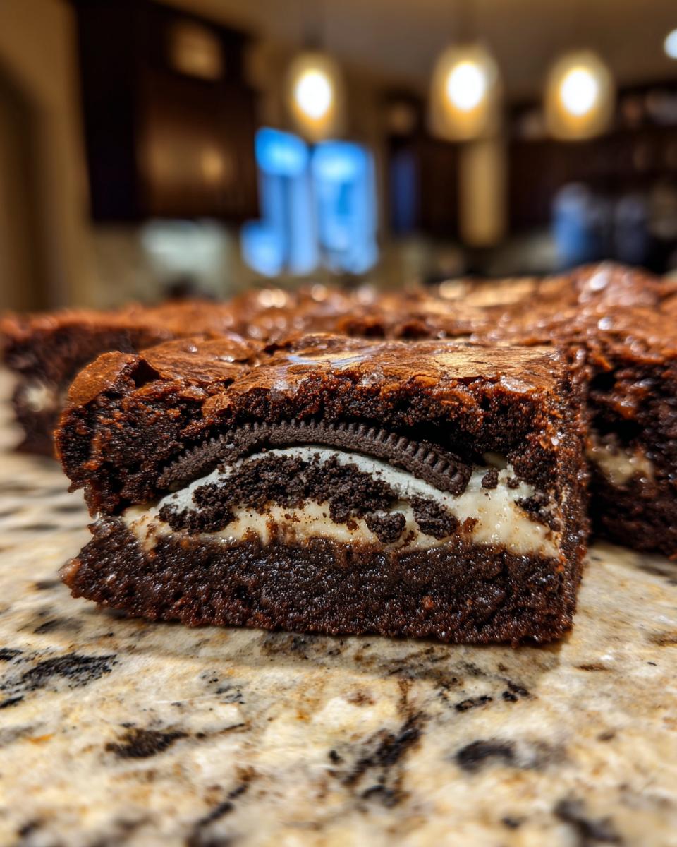 Close-up of a decadent Slutty Brownie slice, showcasing the three distinct layers: chocolate chip cookie dough, Oreo cookie, and rich brownie.