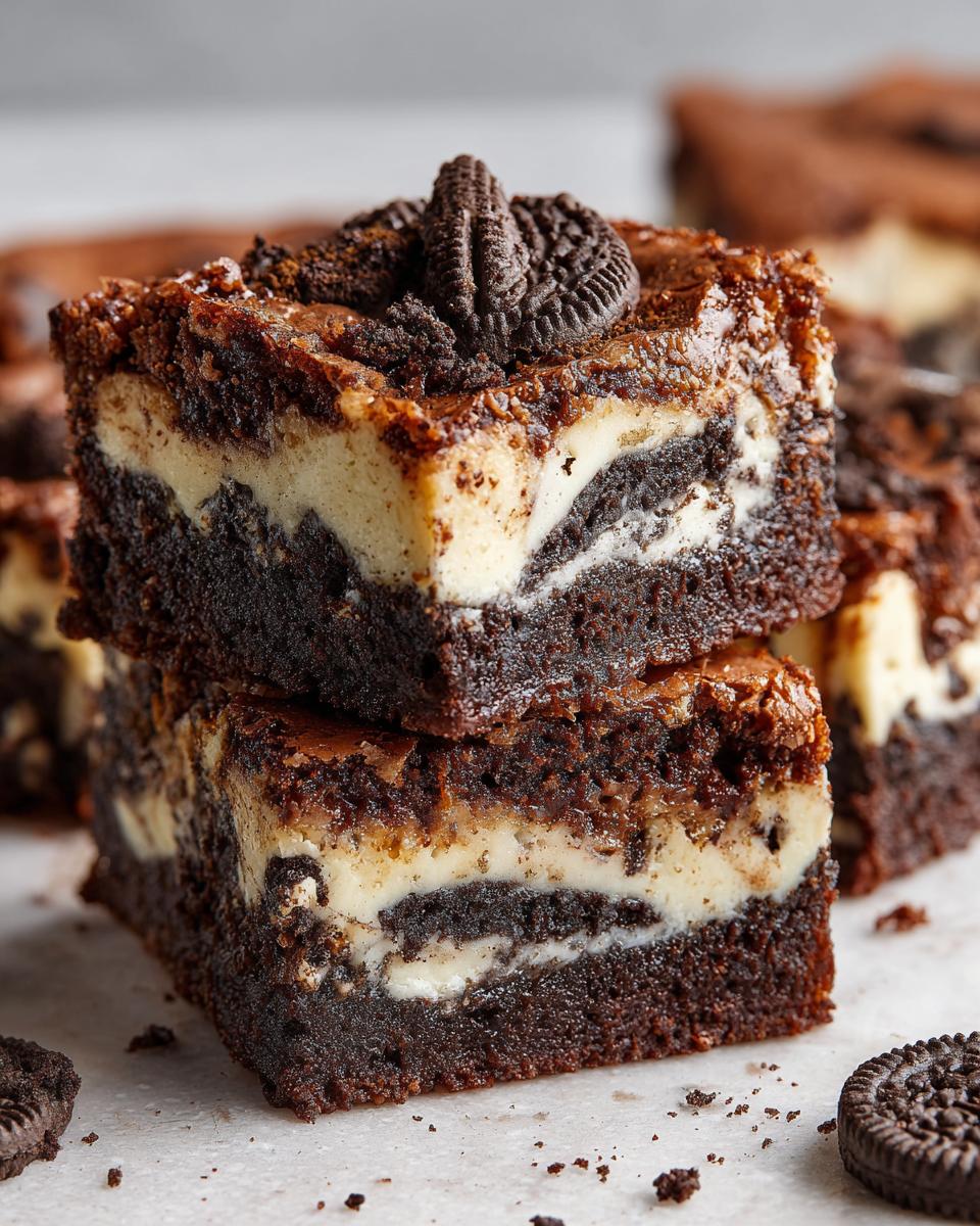 Close-up of two stacked slutty brownies, showcasing the three distinct layers and topped with an Oreo cookie.