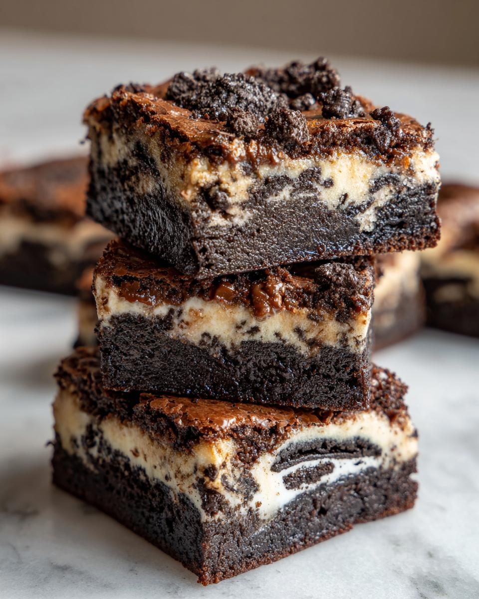 A stack of three decadent slutty brownies, showcasing layers of chocolate, cream cheese, and cookies.