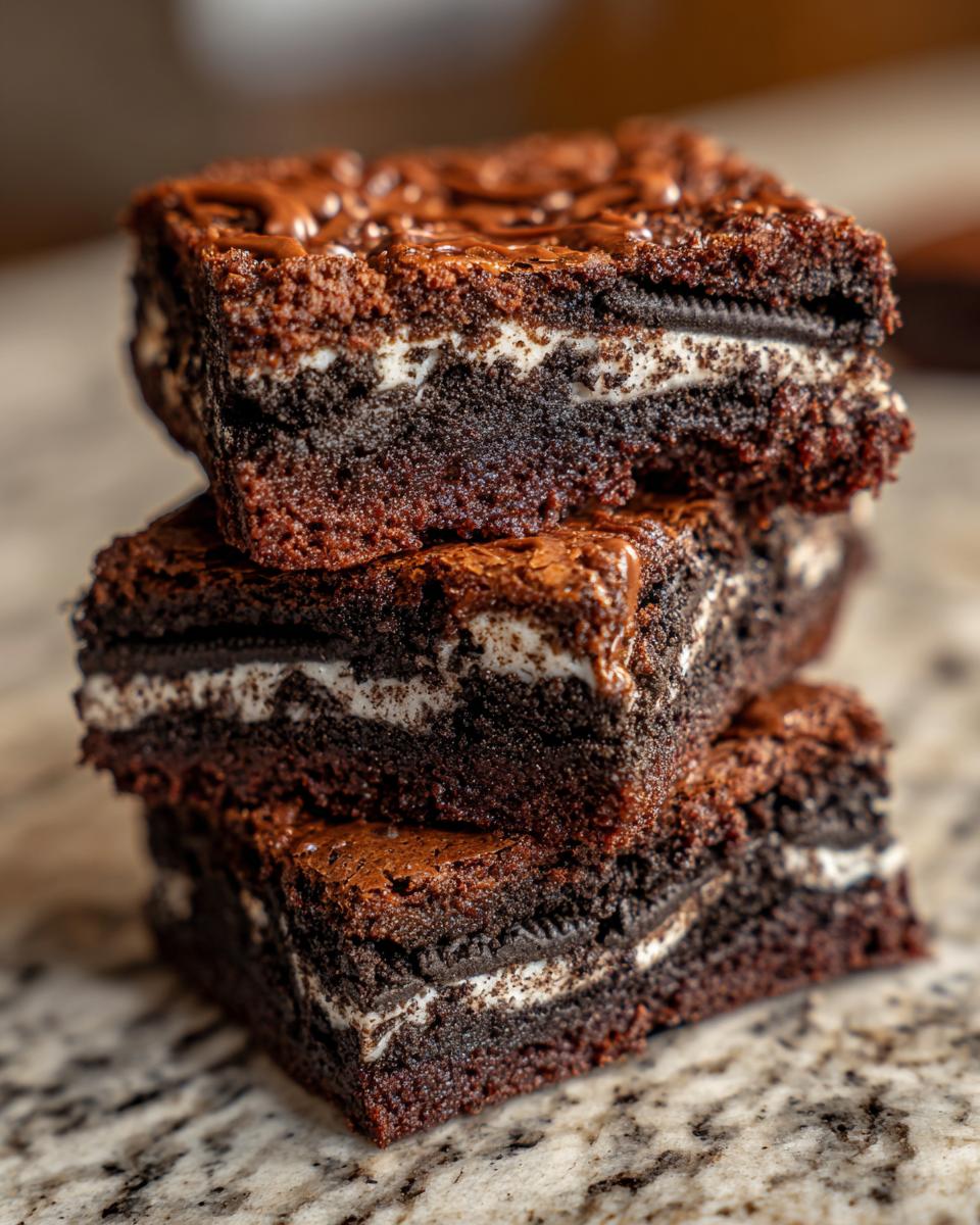 A close-up stack of three decadent slutty brownies, revealing layers of chocolate cookie, creamy filling, and rich brownie.