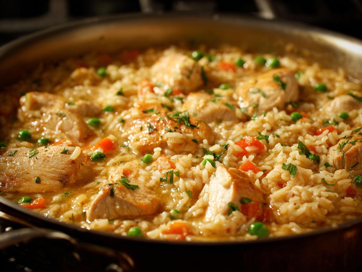 Close-up of tender chicken pieces and fluffy rice cooked with peas and carrots in a savory sauce, garnished with parsley.