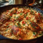 Close-up of a cast iron skillet filled with delicious smothered chicken and rice, garnished with fresh parsley.