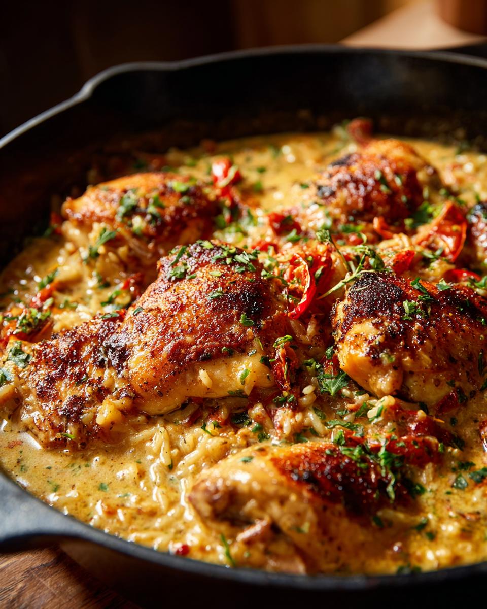 Close-up of golden-brown chicken thighs and fluffy rice in a creamy sauce, garnished with herbs and sun-dried tomatoes.