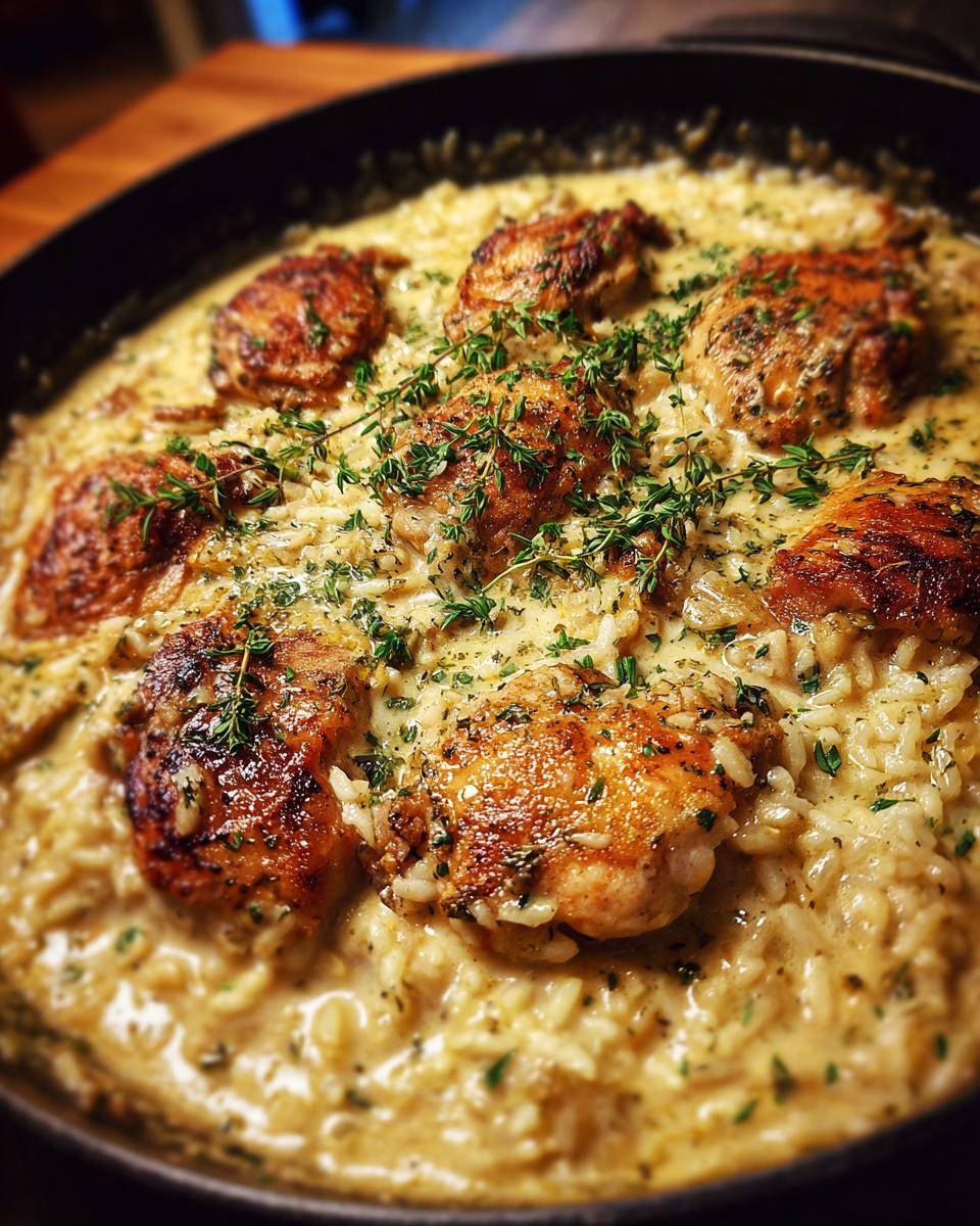 A close-up of a cast-iron skillet filled with creamy smothered chicken and rice, garnished with fresh herbs.