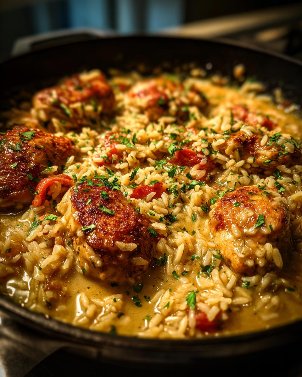 Close-up of tender chicken pieces nestled in creamy rice with diced tomatoes and fresh parsley, a perfect Smothered Chicken and Rice dish.