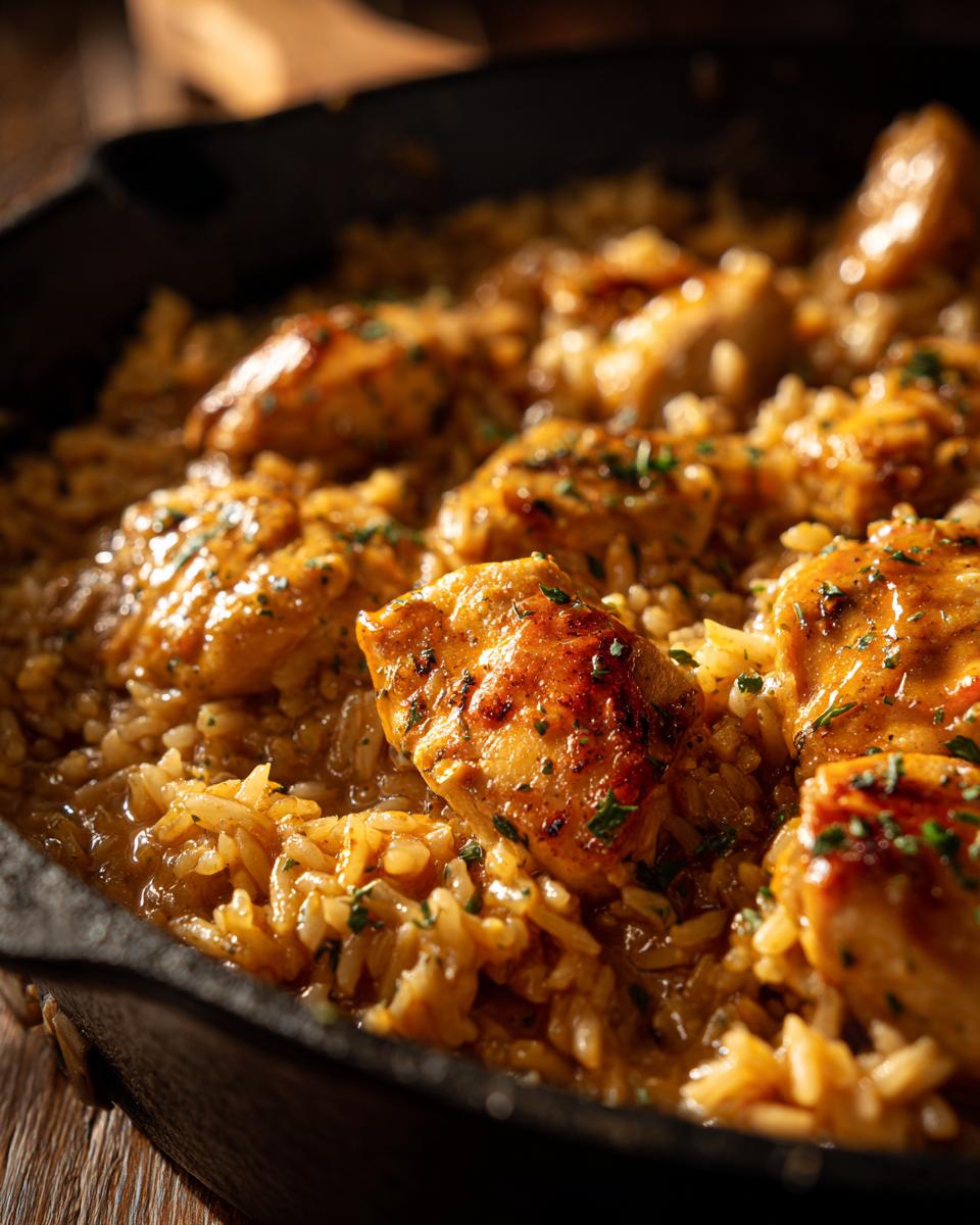 Close-up of juicy smothered chicken and rice in a cast-iron skillet, garnished with parsley.