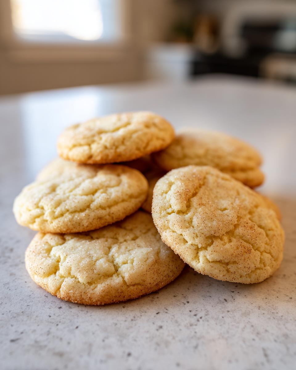 A close-up stack of freshly baked soft sugar cookies, lightly coated in cinnamon sugar.