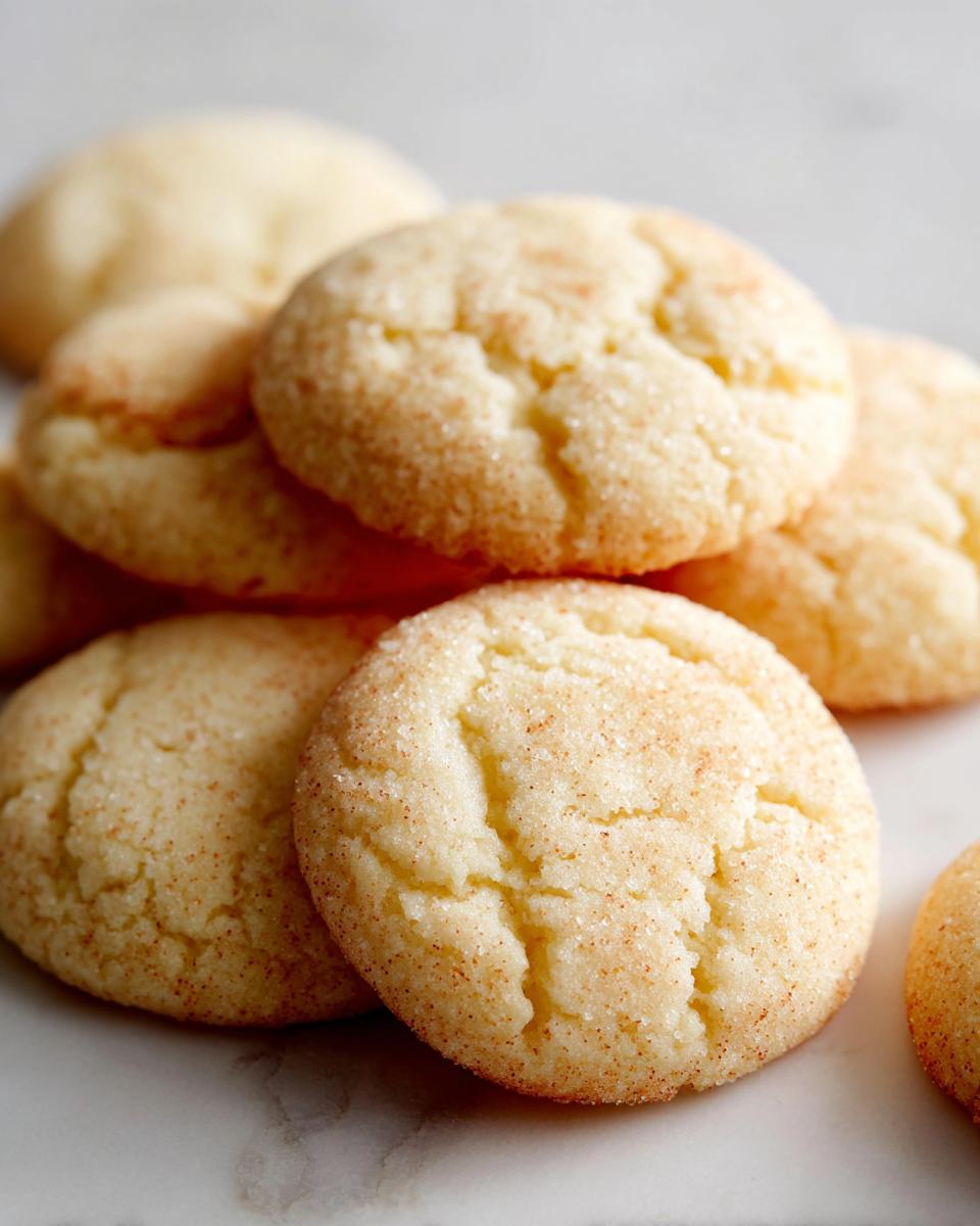 A close-up of several soft sugar cookies, coated in cinnamon sugar, piled on a marble surface.