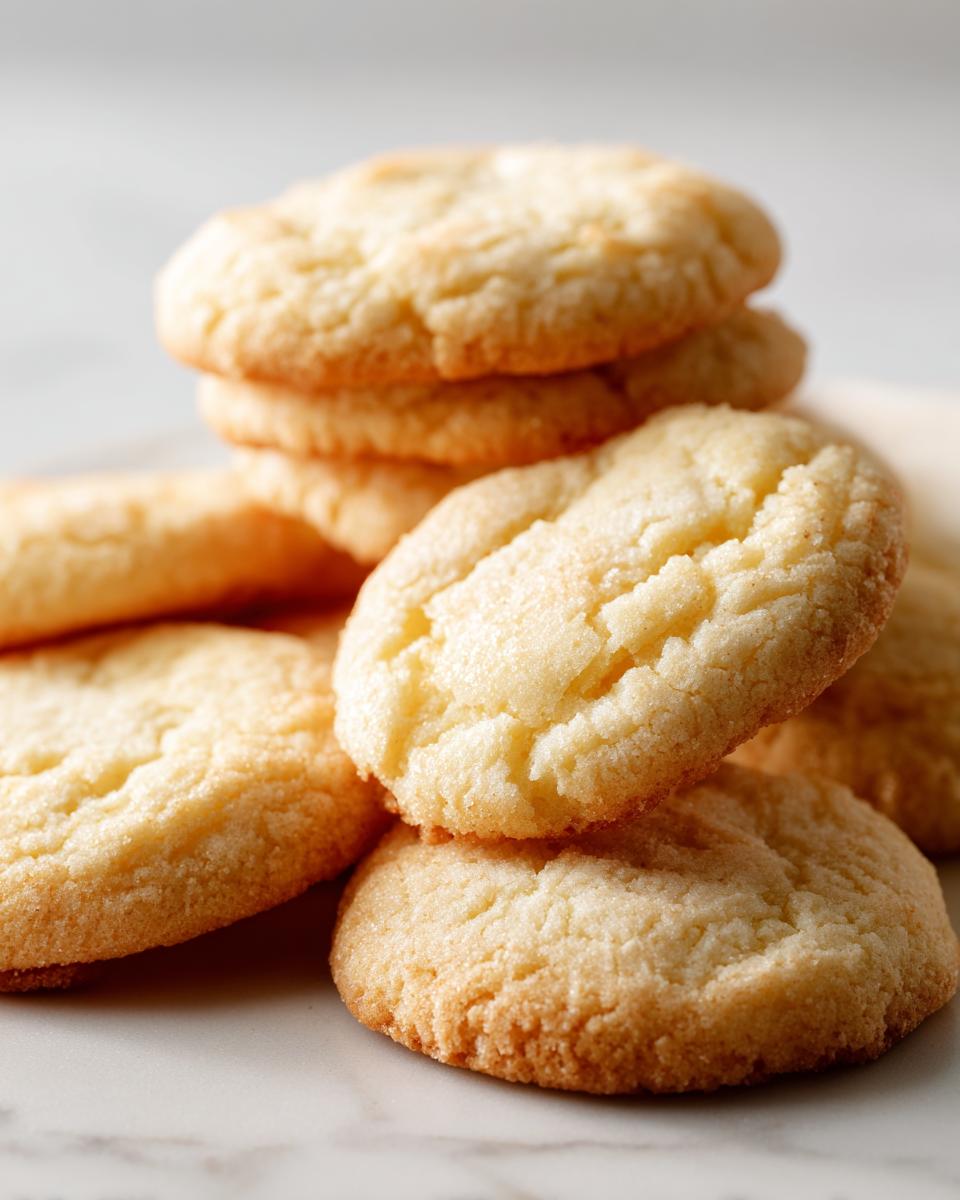 A close-up stack of golden-brown soft sugar cookies on a marble surface.