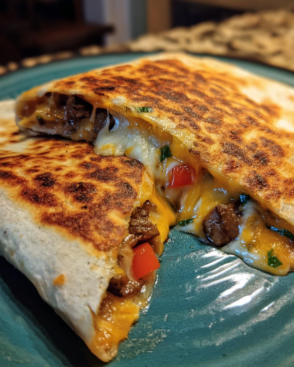 Close-up of a delicious steak and cheese quesadilla, cut in half, with melted cheese oozing out.