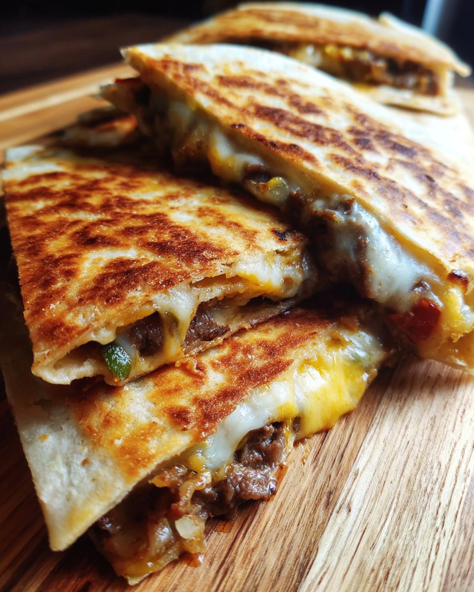 Close-up of a golden-brown steak and cheese quesadilla, cut into wedges, with melted cheese oozing out.