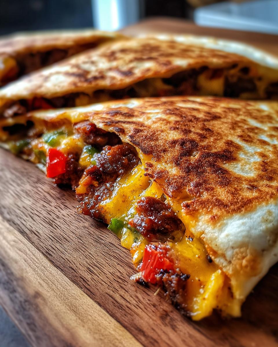 Close-up of a cheesy steak and cheese quesadilla slice with peppers on a wooden board.