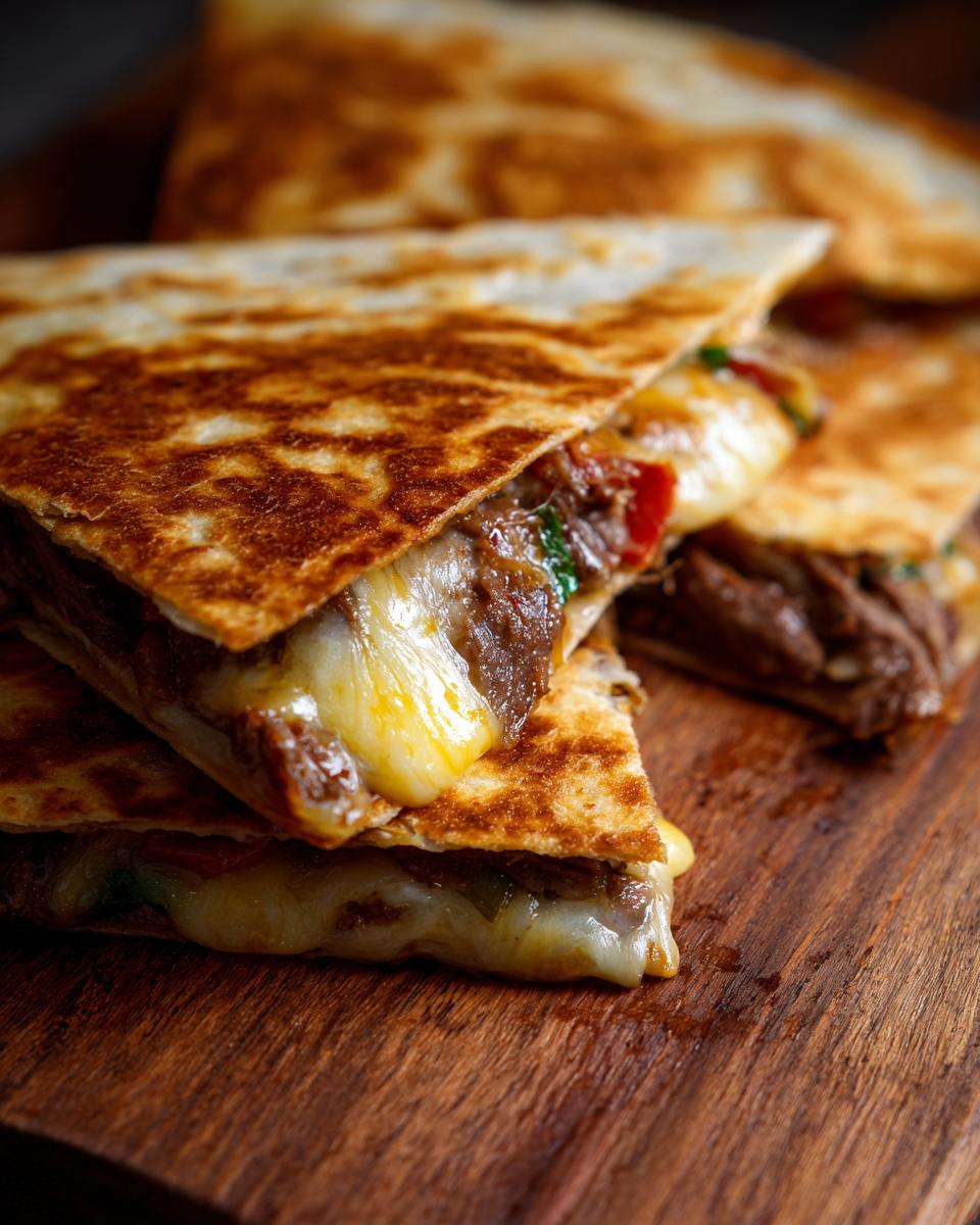 Close-up of golden-brown steak and cheese quesadilla slices, with melted cheese oozing out.