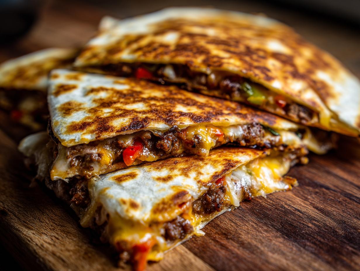Close-up of golden-brown steak and cheese quesadilla slices stacked on a wooden board, showing melted cheese and filling.