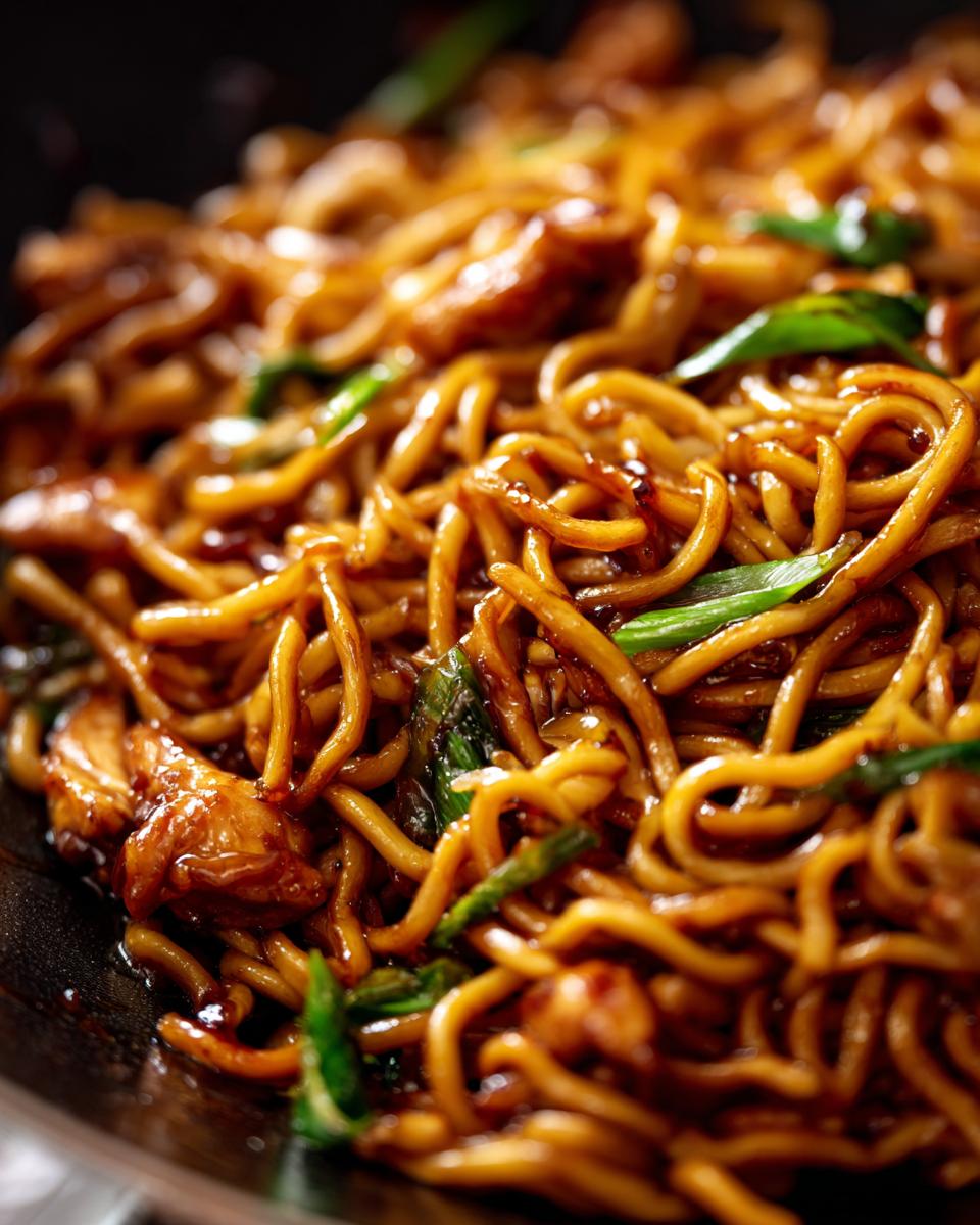 Close-up of glossy sticky garlic chicken noodles with tender chicken pieces and green onions.