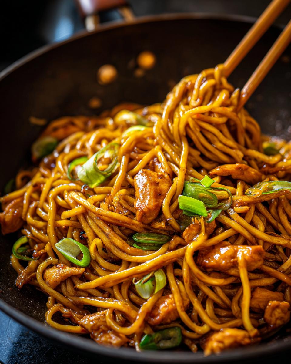 Close-up of delicious sticky garlic chicken noodles being tossed with chopsticks in a wok.