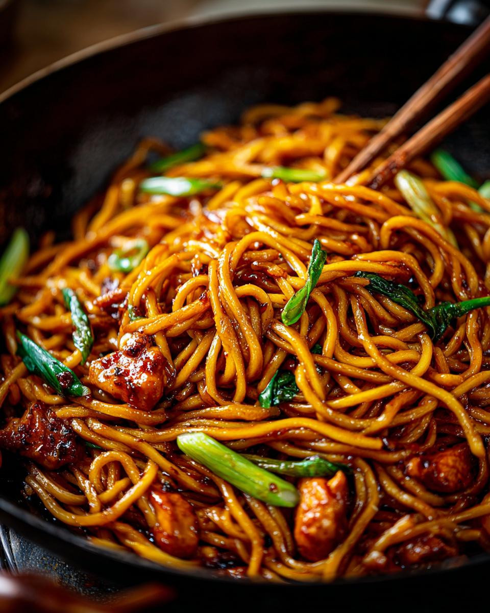 Close-up of delicious sticky garlic chicken noodles with green onions in a wok, being picked up with chopsticks.