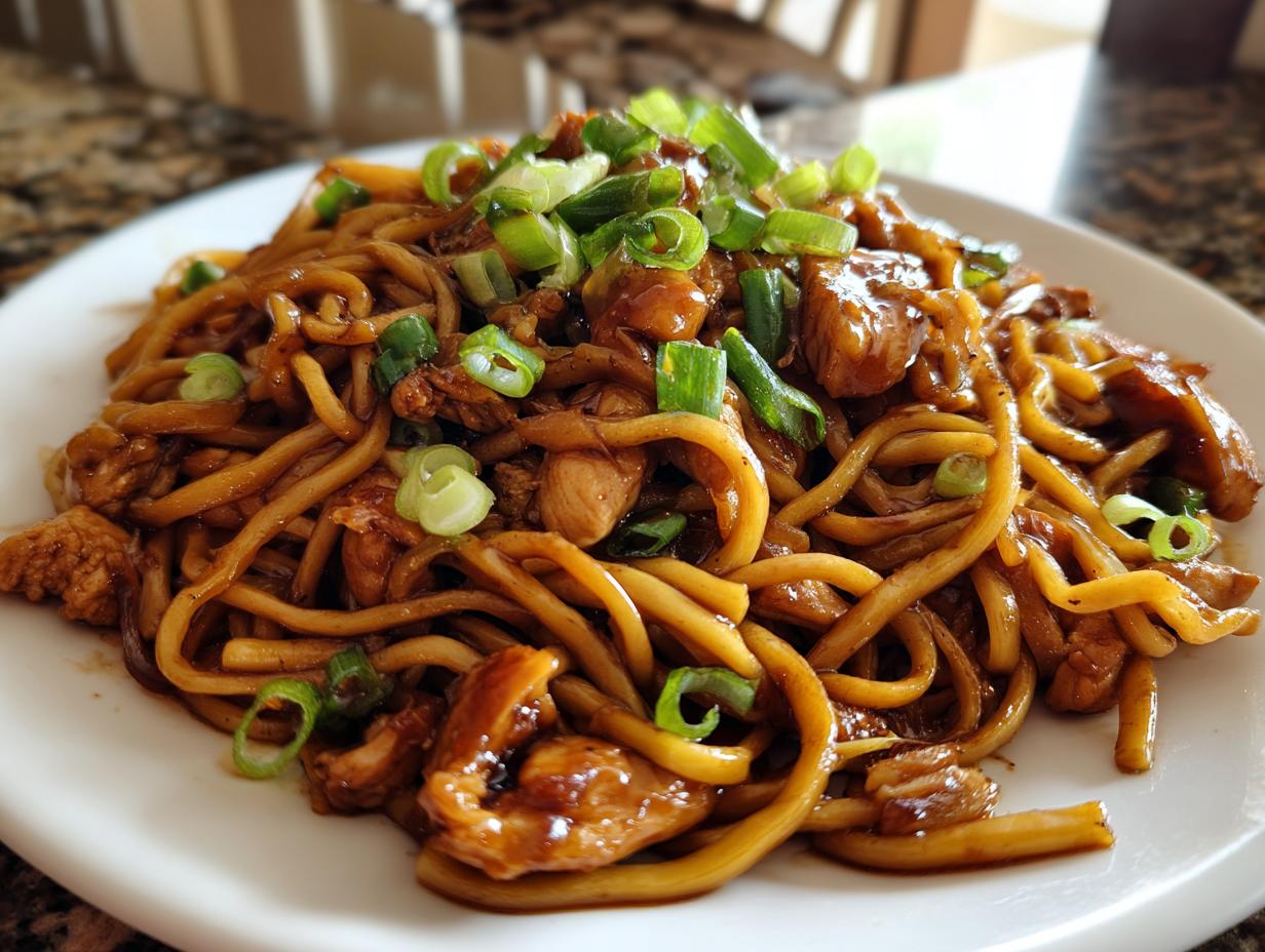 Close-up of a plate piled high with glossy Sticky Garlic Chicken Noodles, garnished with fresh green onions.