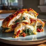A close-up of Stuffed Tuscan chicken, cut in half, revealing a gooey cheese and spinach filling with sun-dried tomatoes.