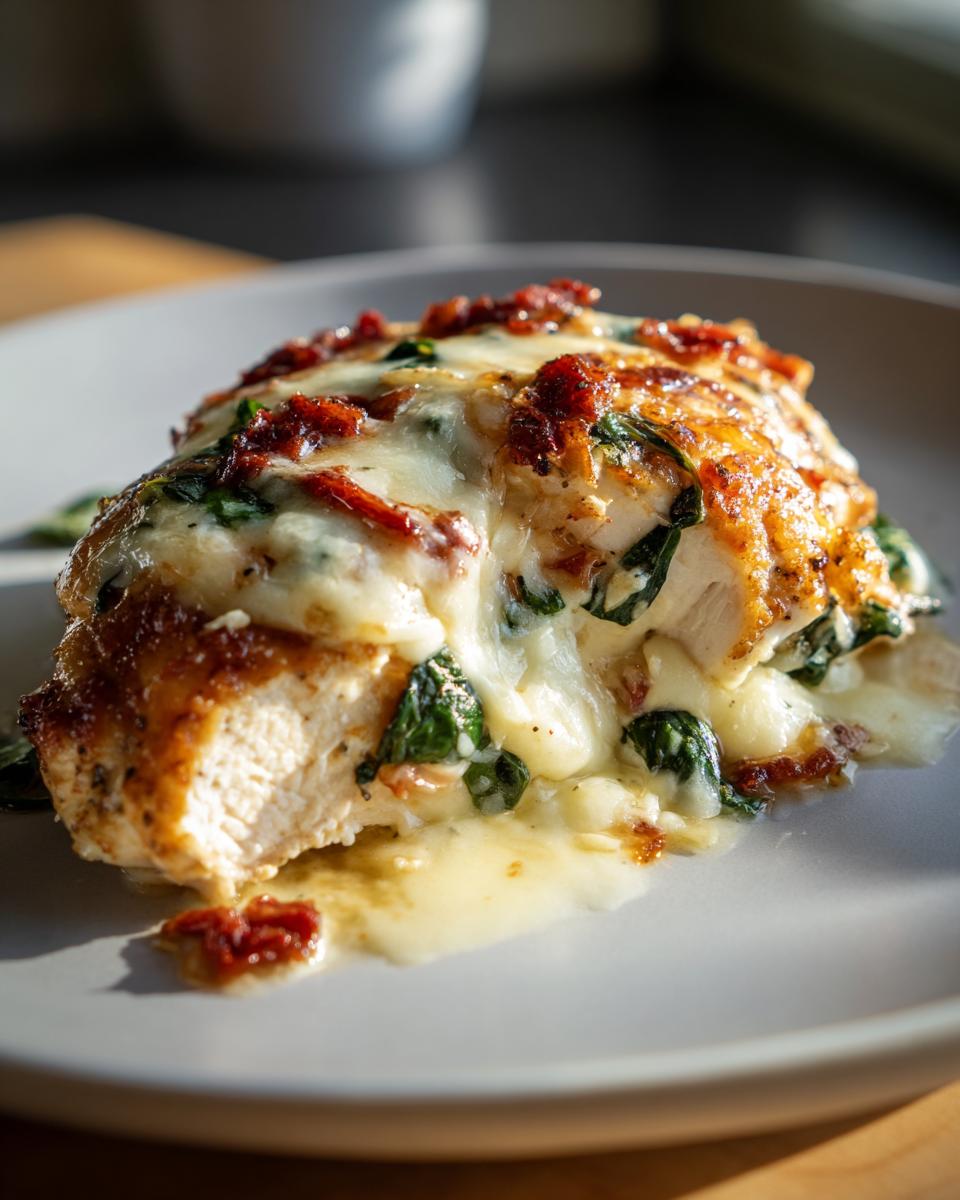 A close-up of a juicy Stuffed Tuscan chicken breast, overflowing with melted cheese, spinach, and sun-dried tomatoes.