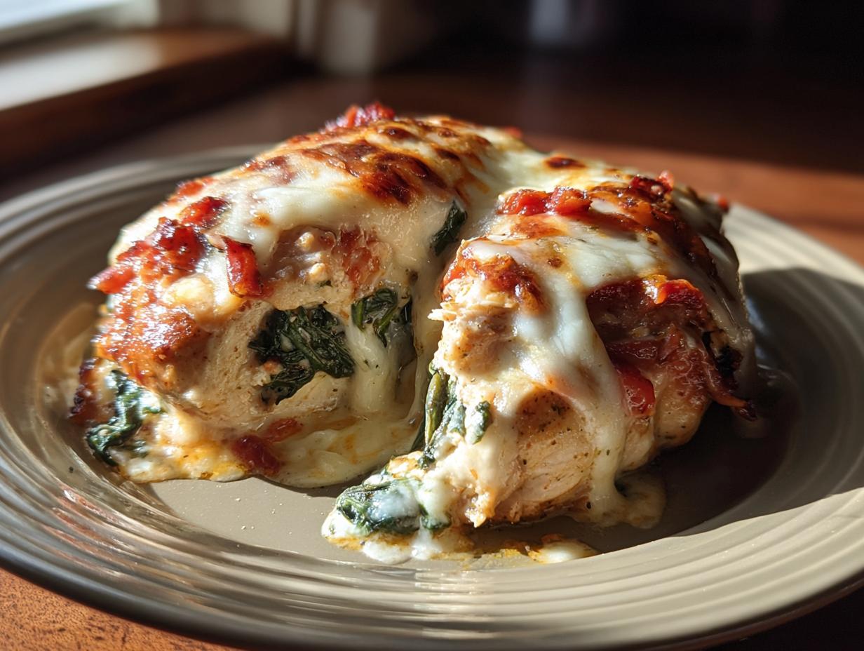 Close-up of Stuffed Tuscan chicken breasts topped with melted cheese and sun-dried tomatoes.