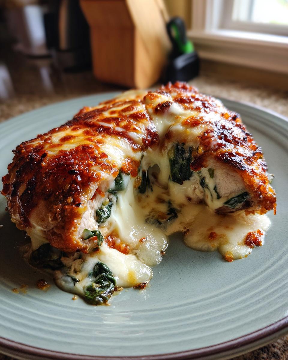 A close-up of Stuffed Tuscan chicken with melted cheese oozing out, revealing spinach filling.