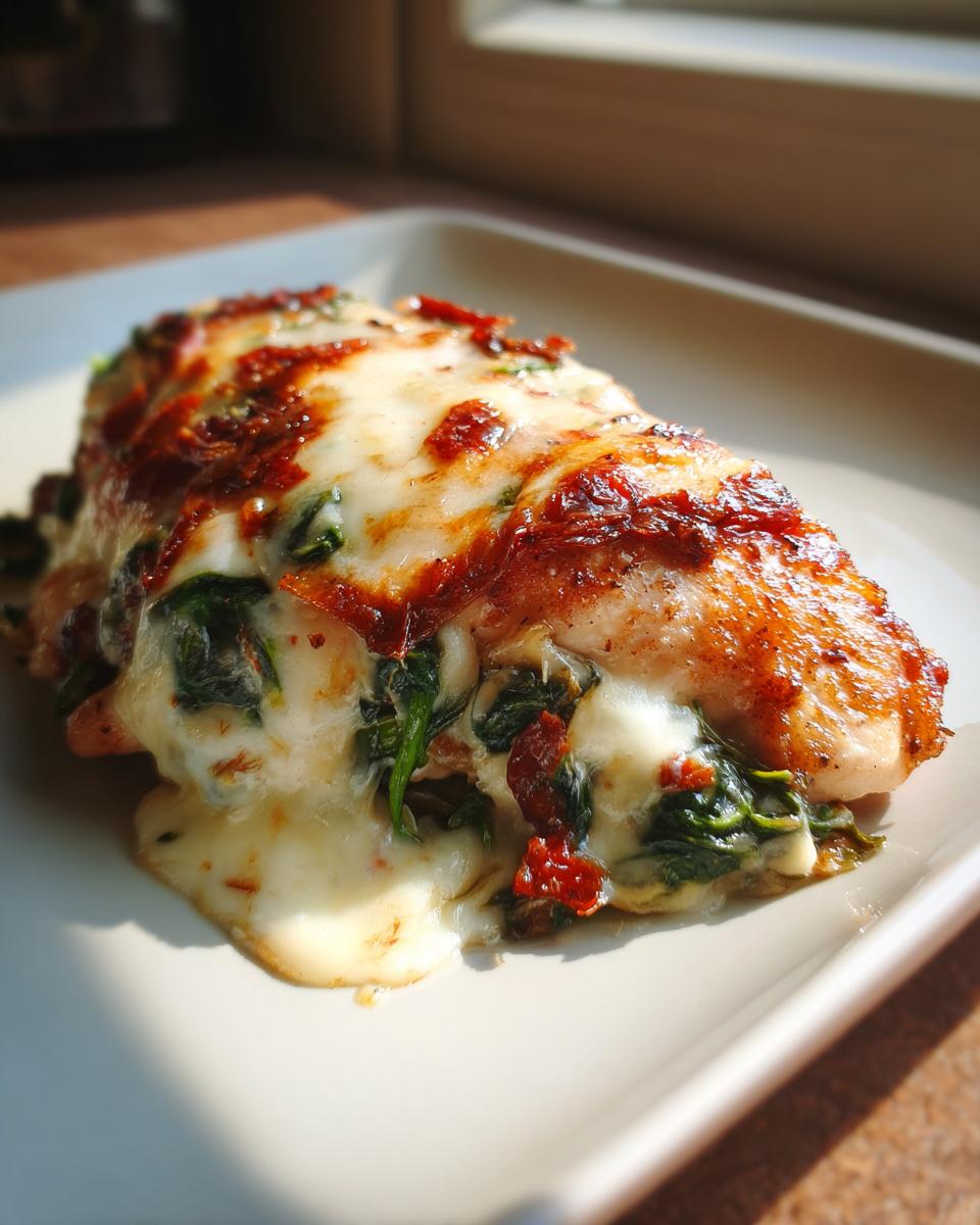 A close-up of a golden-brown Stuffed Tuscan chicken breast, oozing with melted cheese, spinach, and sun-dried tomatoes.