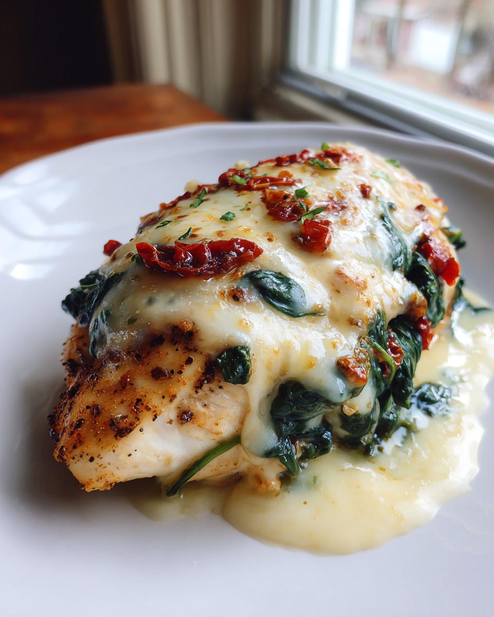 A close-up of Stuffed Tuscan chicken breast topped with melted cheese, sun-dried tomatoes, and spinach.