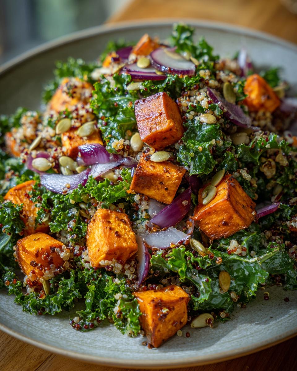 A close-up of a hearty sweet potato kale salad with quinoa, red onion, and pumpkin seeds.