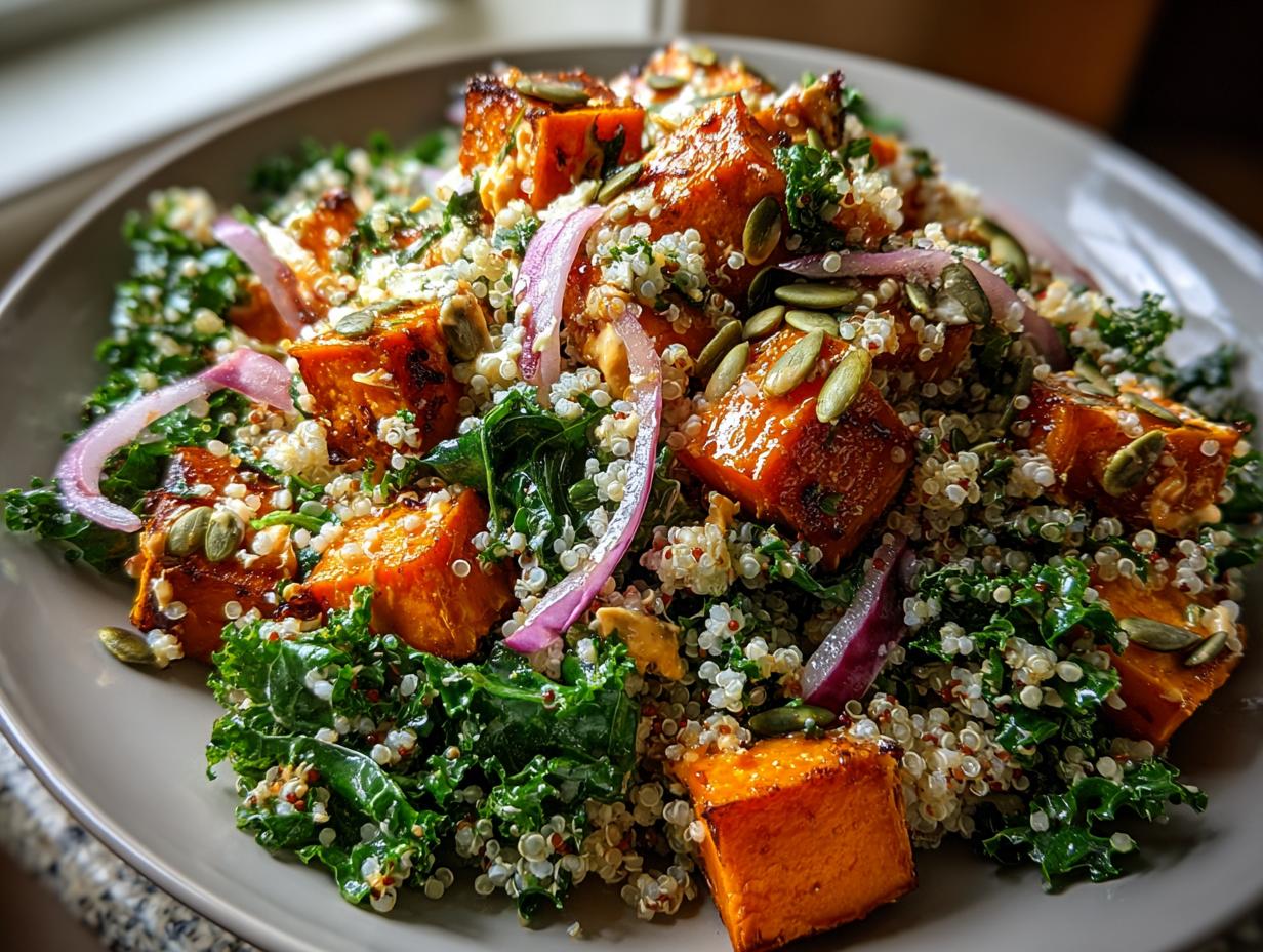 A vibrant and hearty sweet potato kale salad with quinoa, red onion, and pumpkin seeds.