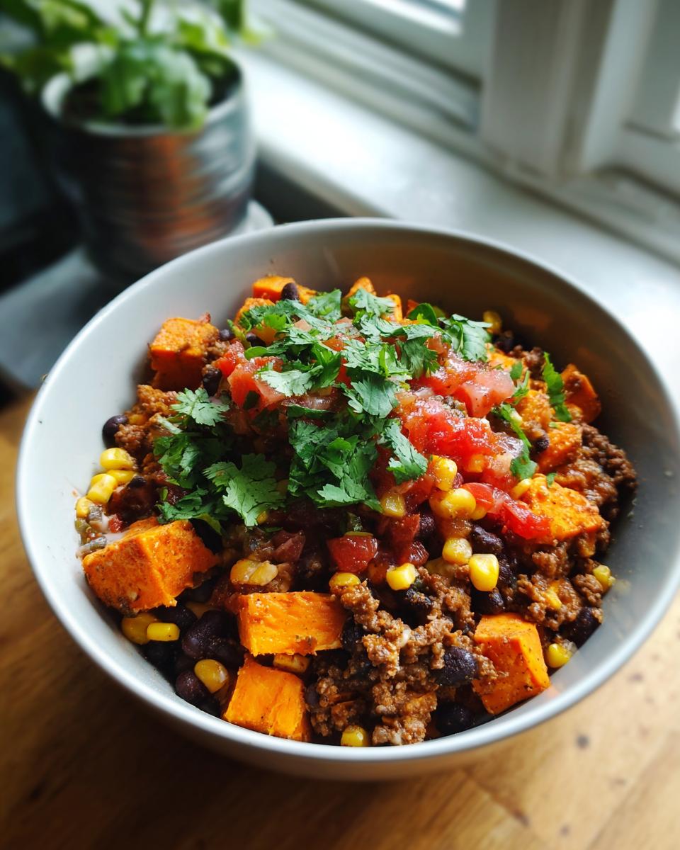 A close-up of a delicious sweet potato taco bowl filled with seasoned ground beef, black beans, corn, diced tomatoes, and fresh cilantro.