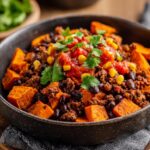 A close-up of a hearty sweet potato taco bowl filled with seasoned ground beef, black beans, corn, salsa, and fresh cilantro.