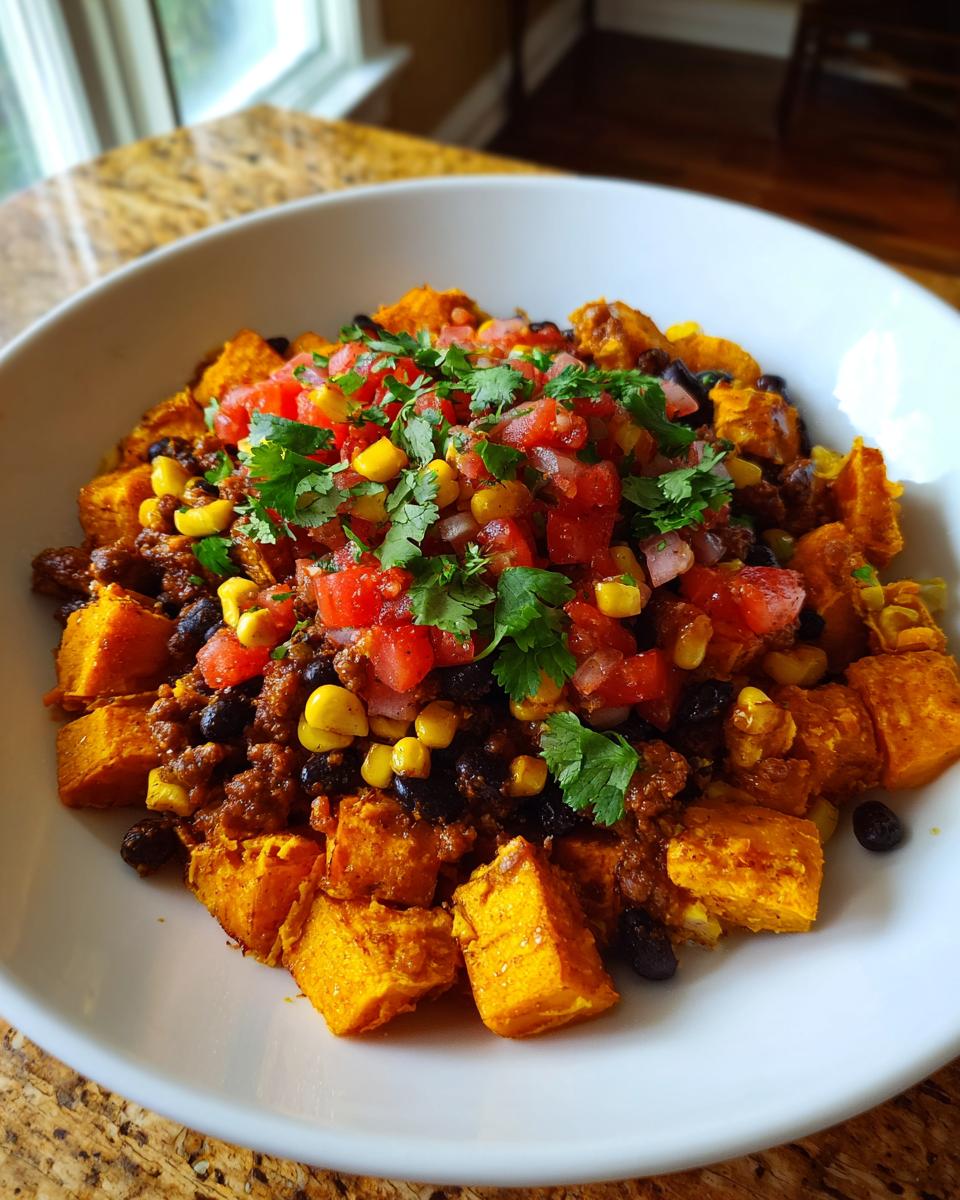A close-up of a white bowl filled with sweet potato taco bowls, featuring roasted sweet potato cubes, seasoned ground meat, black beans, corn, and fresh salsa.