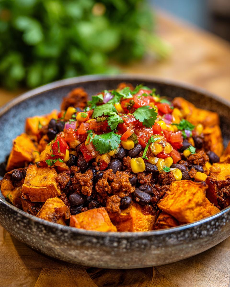 Close-up of a vibrant sweet potato taco bowl filled with roasted sweet potato chunks, black beans, seasoned ground meat, corn salsa, and fresh cilantro.