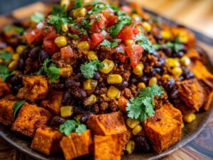 A close-up of delicious sweet potato taco bowls filled with seasoned ground meat, black beans, corn, and fresh salsa.