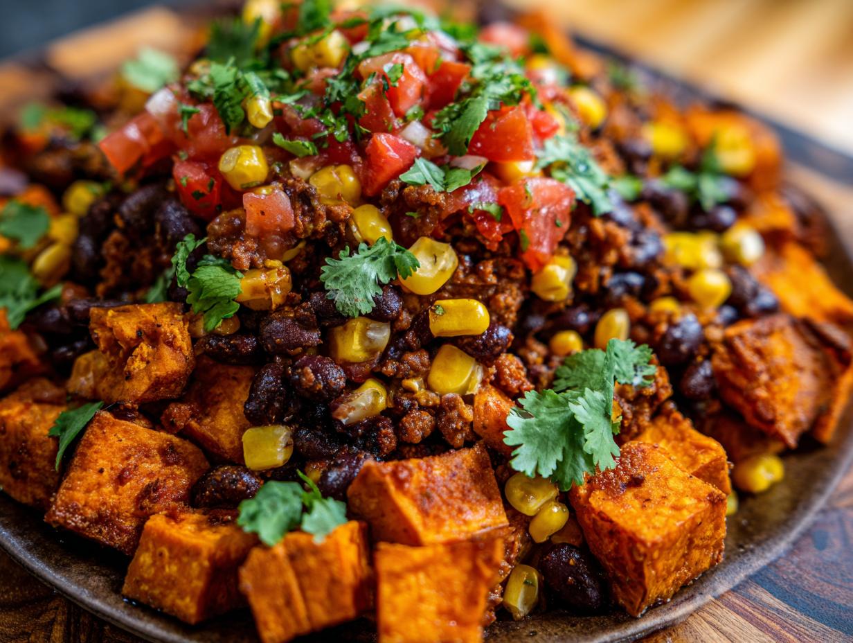 A close-up of delicious sweet potato taco bowls filled with seasoned ground meat, black beans, corn, and fresh salsa.