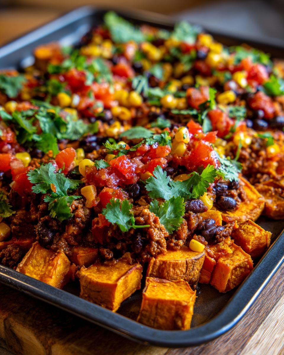 Close-up of a baking sheet filled with sweet potato taco bowls, topped with seasoned ground beef, black beans, corn, tomatoes, and cilantro.