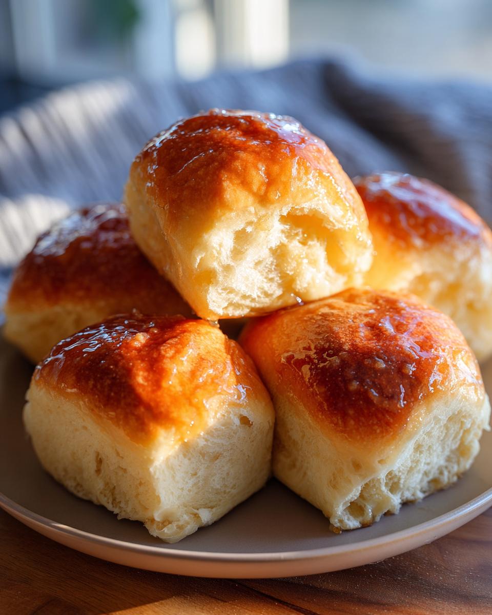 A close-up of fluffy Texas Roadhouse Rolls, glistening with a sweet glaze, piled on a plate.