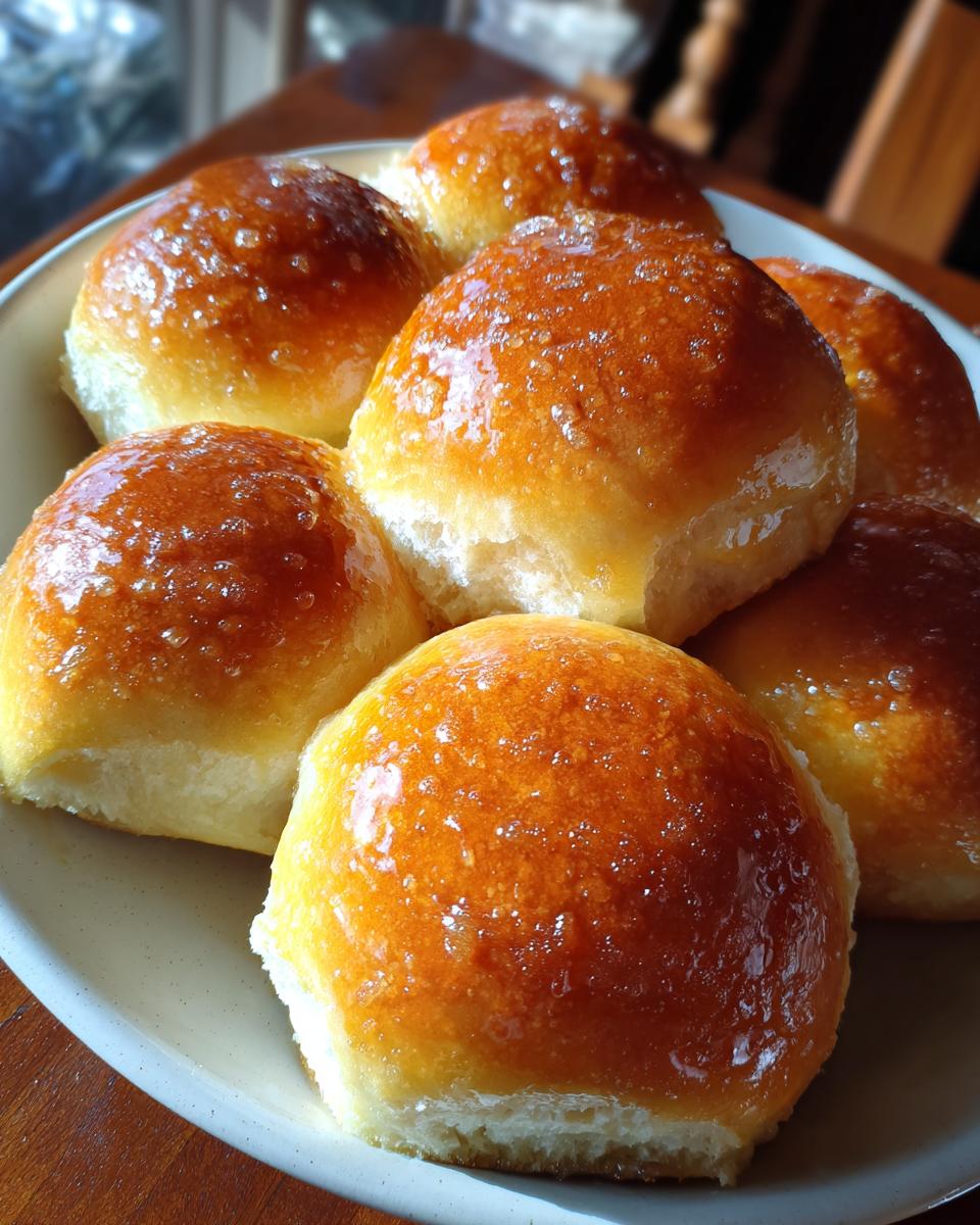 Close-up of a plate of golden-brown Texas Roadhouse Rolls, glistening with a sweet glaze.