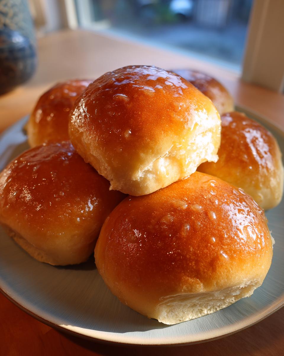A stack of warm, golden-brown Texas Roadhouse Rolls, glistening with butter and honey on a blue plate.