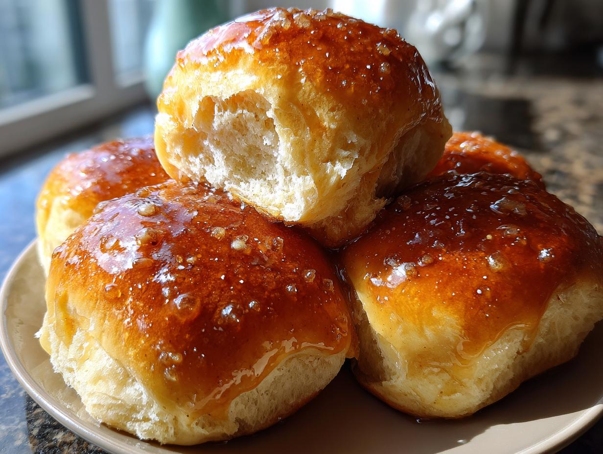 A close-up of fluffy Texas Roadhouse Rolls, generously glazed with honey and sprinkled with sugar.