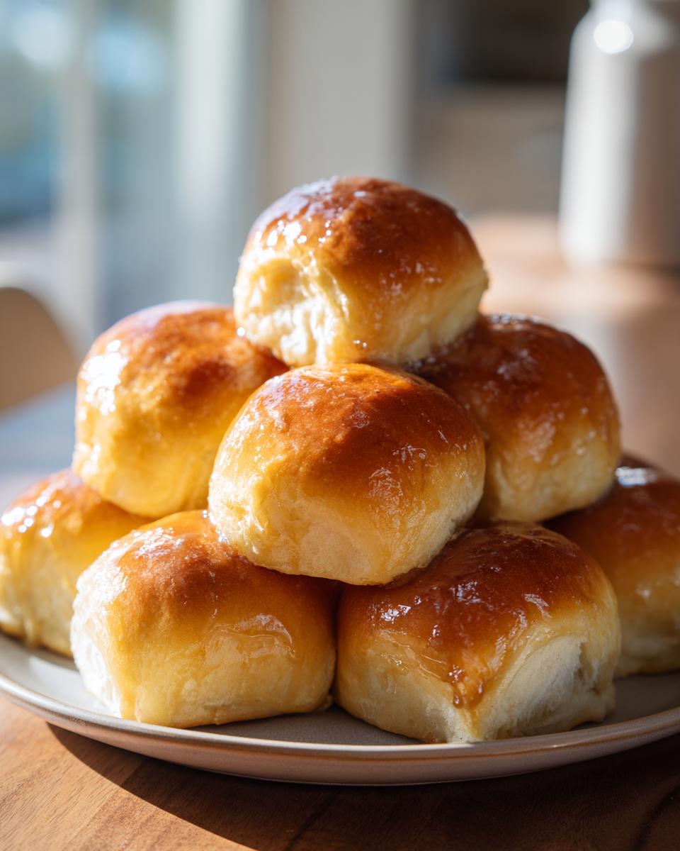 A stack of golden brown, fluffy Texas Roadhouse rolls glistening with a sweet glaze.