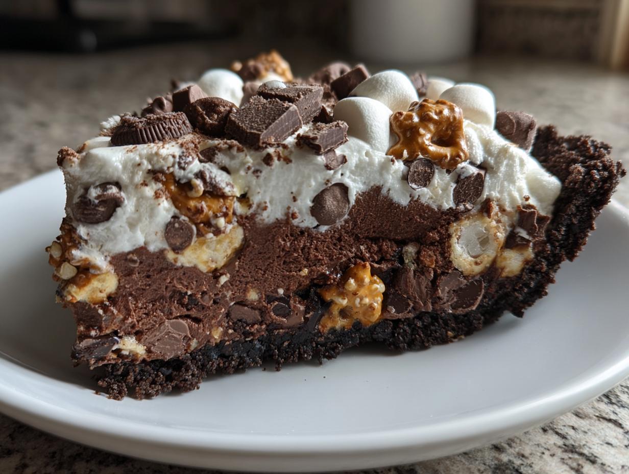 Close-up of a rich slice of texas trash pie with chocolate, whipped topping, pretzels, and marshmallows.