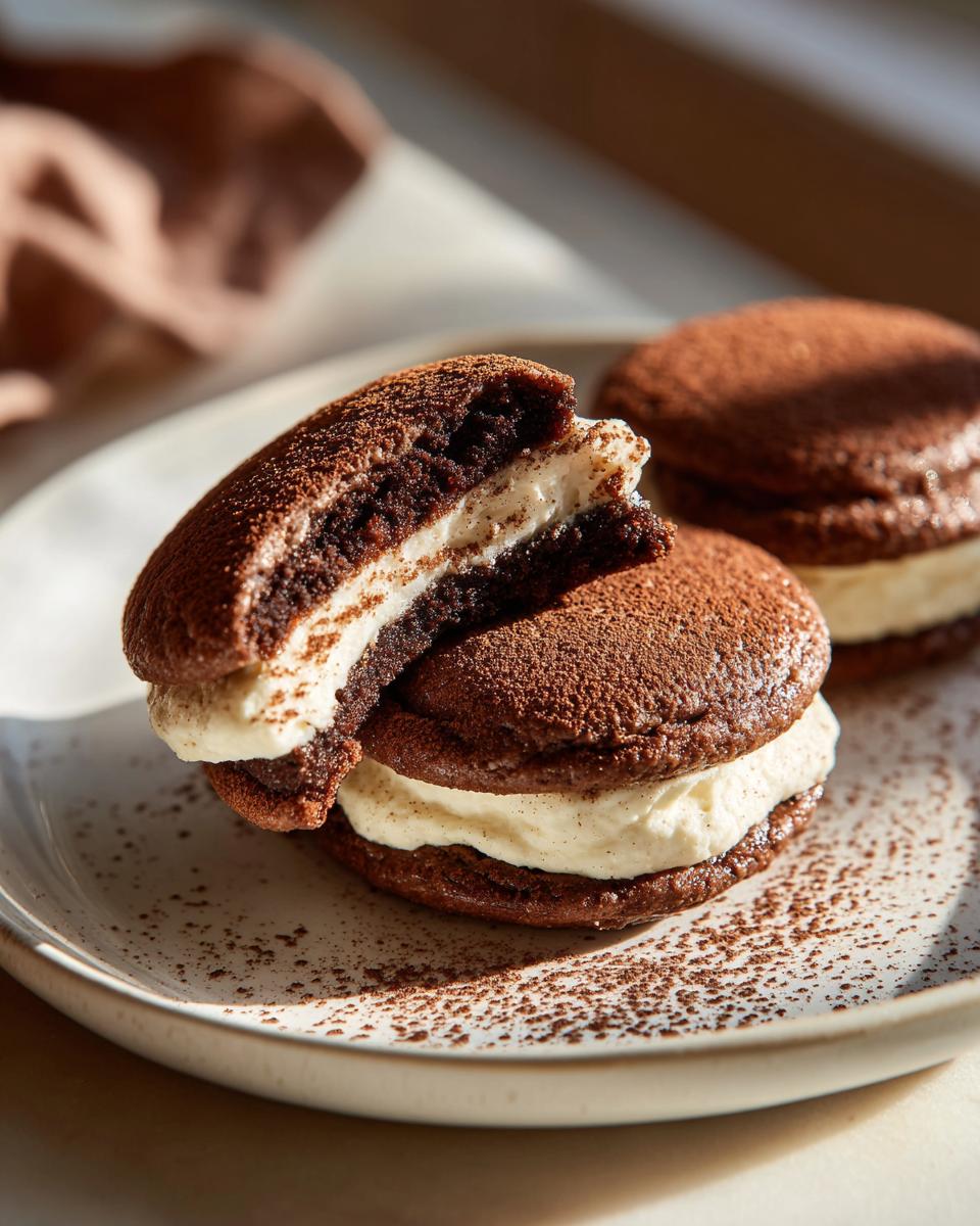 Close-up of two chocolate tiramisu cookies filled with creamy mascarpone filling, dusted with cocoa powder.