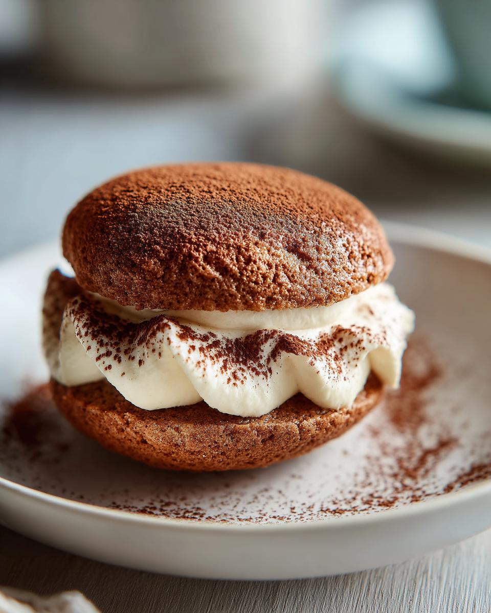 A close-up of a tiramisu cookie sandwich filled with whipped cream and dusted with cocoa powder.