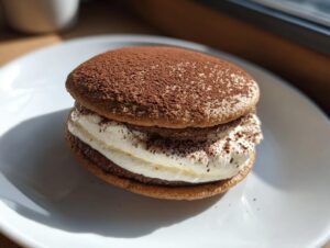 Close-up of a decadent tiramisu cookie sandwich filled with creamy mascarpone and dusted with cocoa powder.